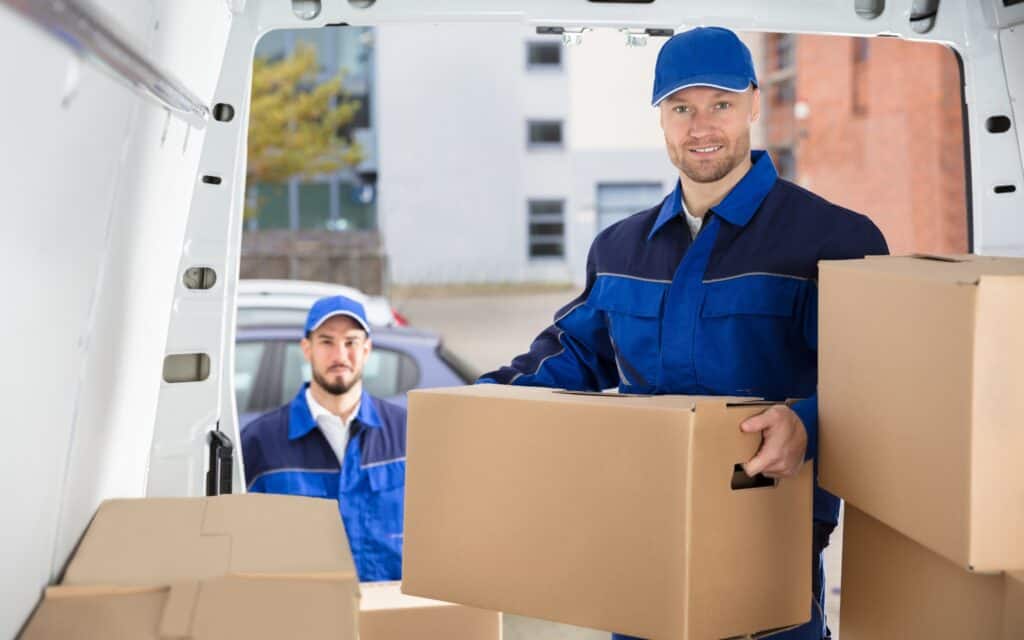 Two delivery workers in blue uniforms load cardboard boxes into the back of a van, with one worker inside the van and the other standing outside.