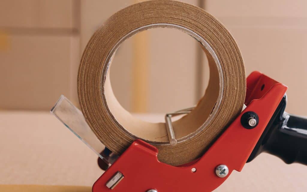 A close-up of a roll of brown packing tape mounted on a red tape dispenser, with cardboard boxes blurred in the background.