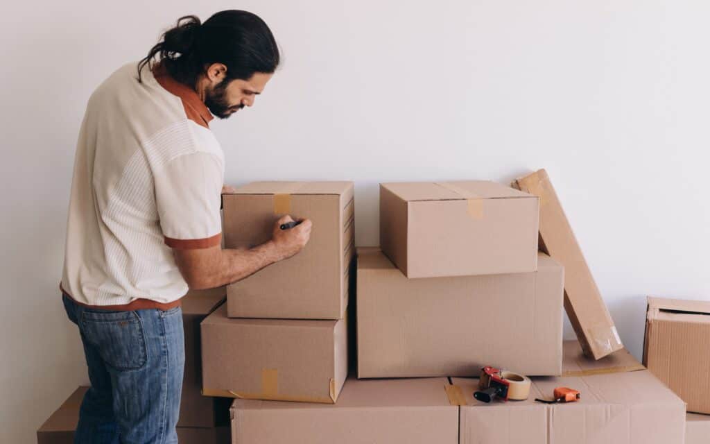 A man writes on a cardboard box with a marker, standing next to a stack of packed boxes and packing tape supplies.