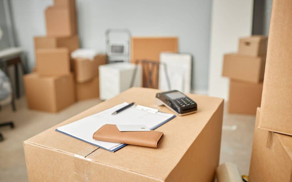 A clipboard with papers, a pen, a cardholder, and a payment terminal rest on a cardboard box; packed boxes fill the background of a room.