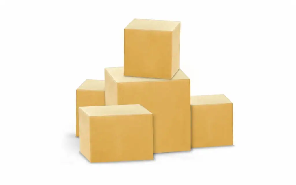 Five cardboard boxes of varying sizes are stacked and arranged against a white background.