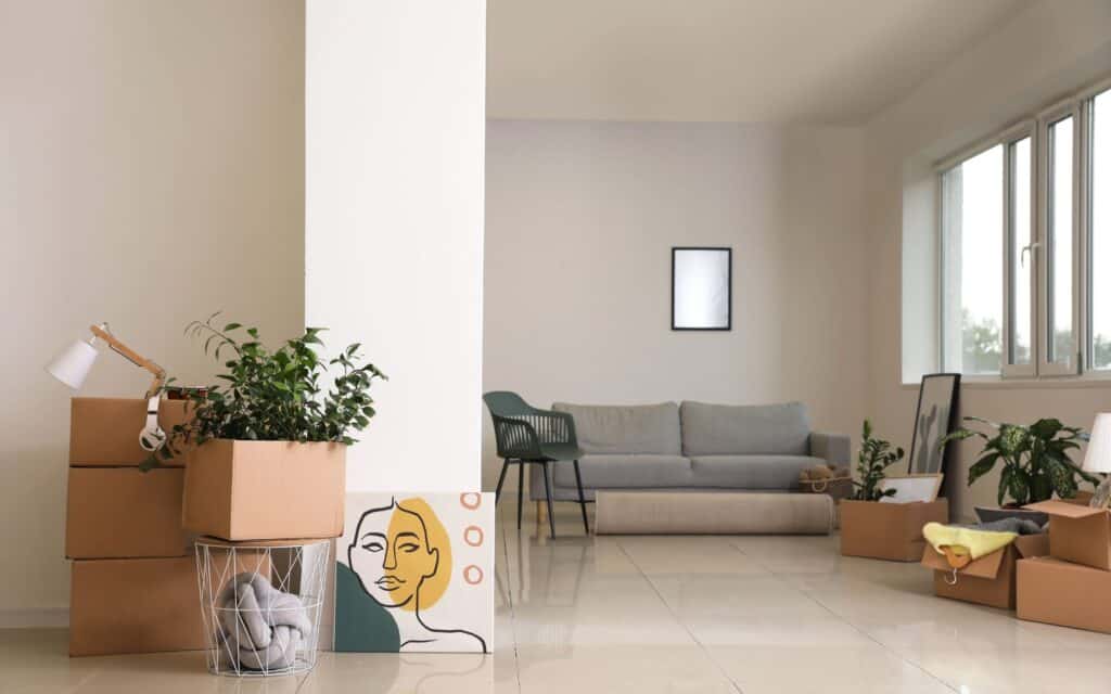 A living room with packed boxes, a wire basket, houseplants, an abstract face painting, a couch, chairs, and large windows, suggesting someone is moving in or out.