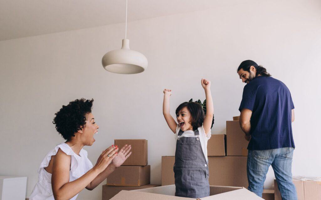 A woman and a child in a box.